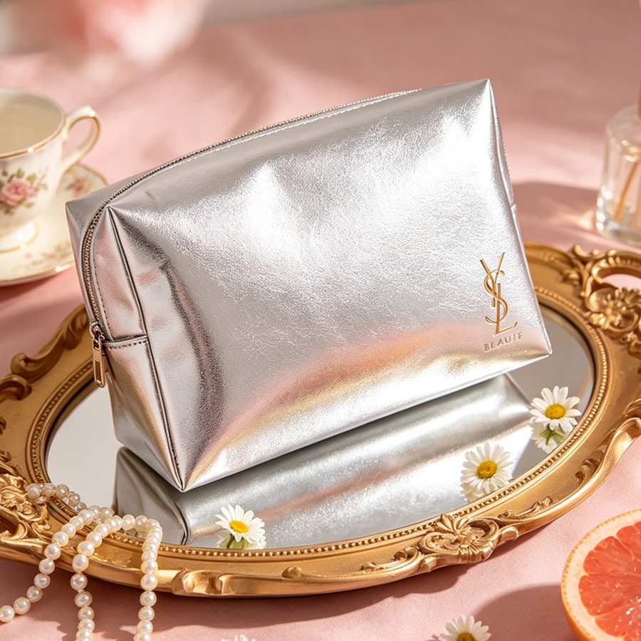 Ysl Beauty Makeup Bag - silver cosmetic pouch,faux leather makeup bag,zipper