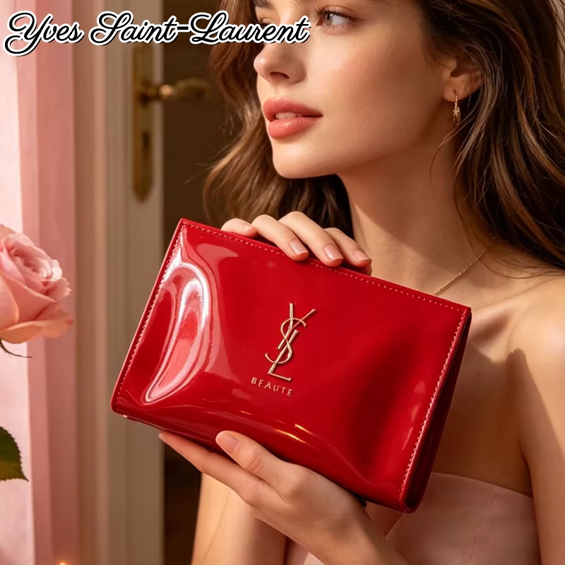 YSL Red Patent Leather Zipper  - đánh giá và giá Ysl Beauty Makeup Bag